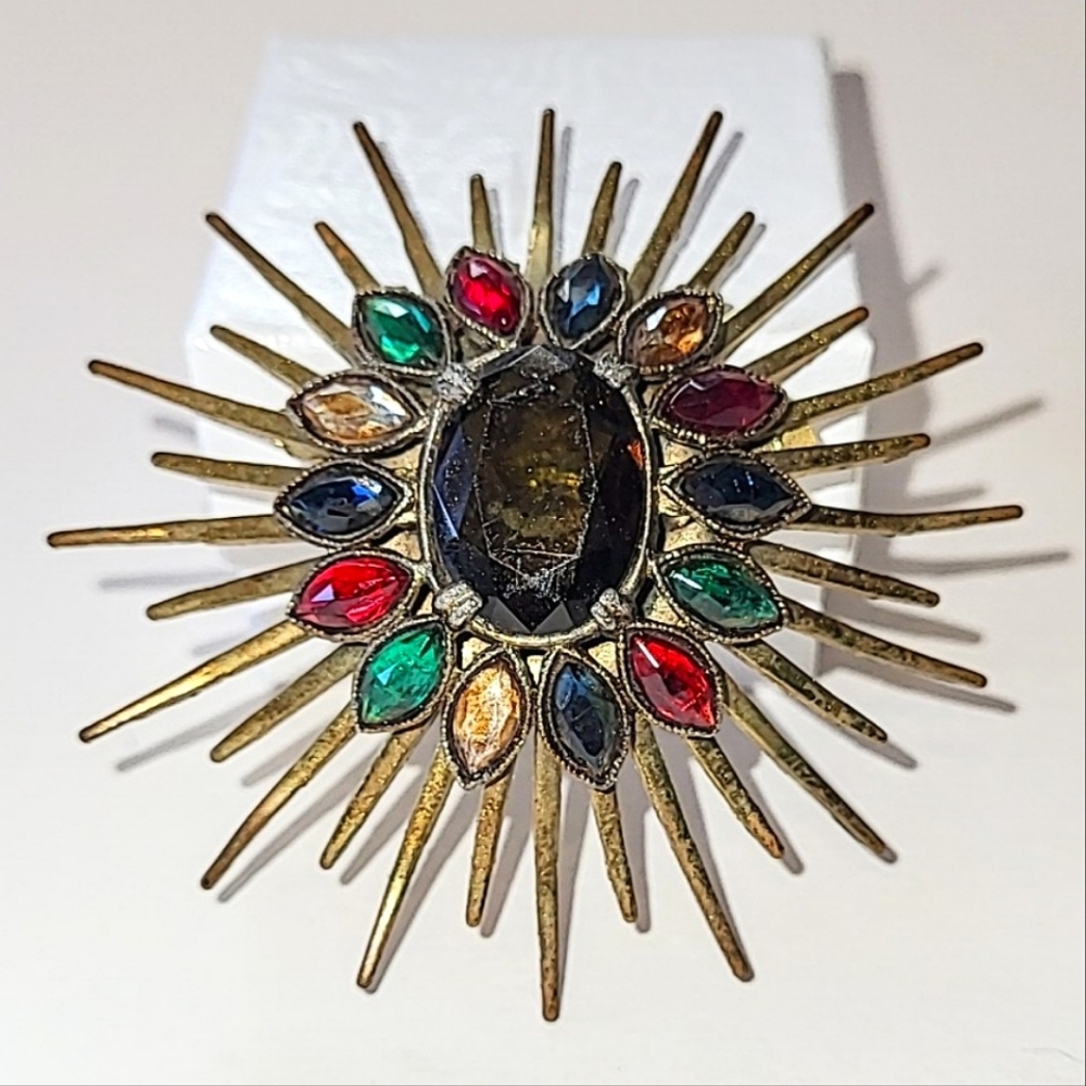 VINTAGE ATOMIC SUNBURST BROOCH - MULTI-COLORED GLASS STONES